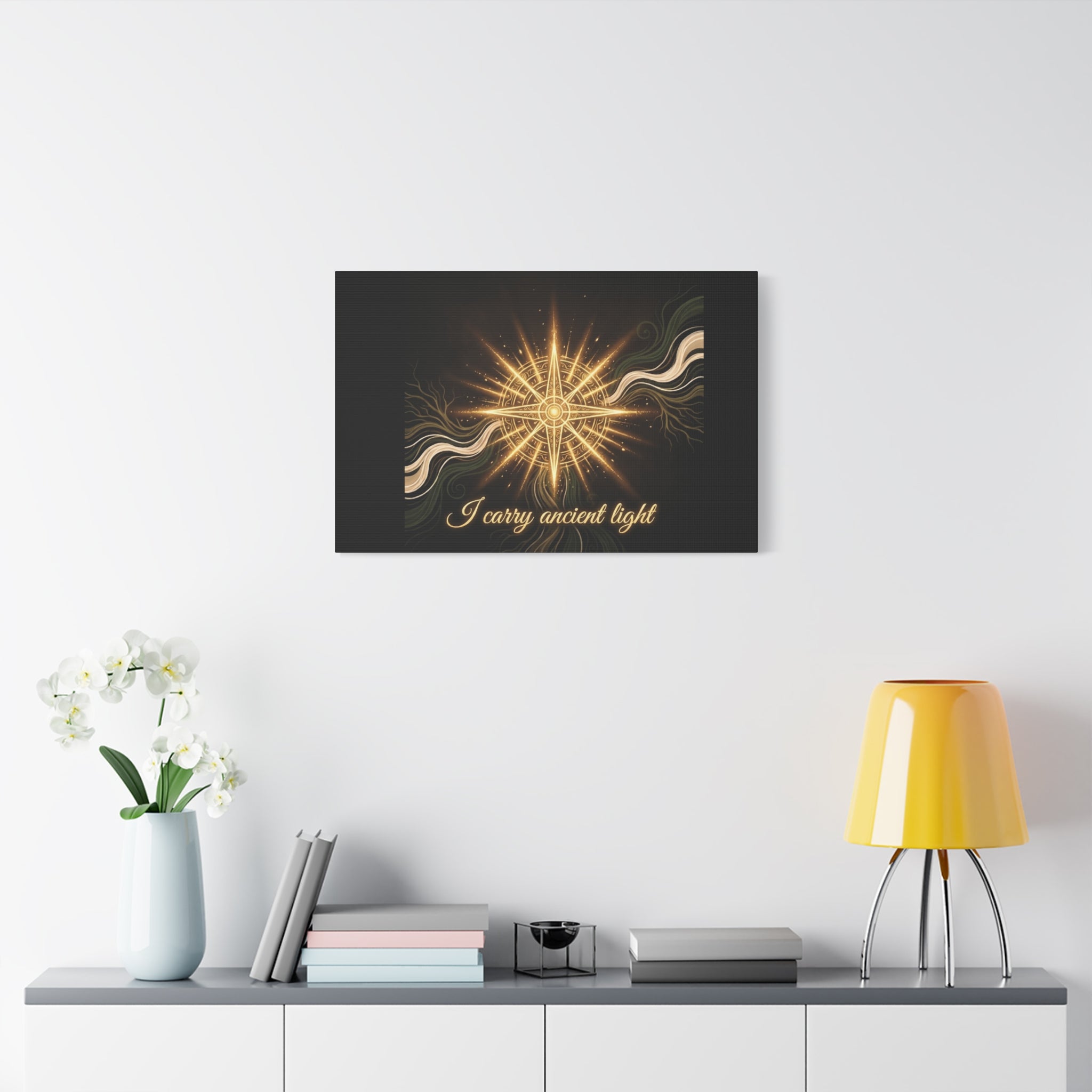 Matte canvas wall art titled "I Carry Ancient Light" featuring a golden compass design, printed by Printify for home decor.