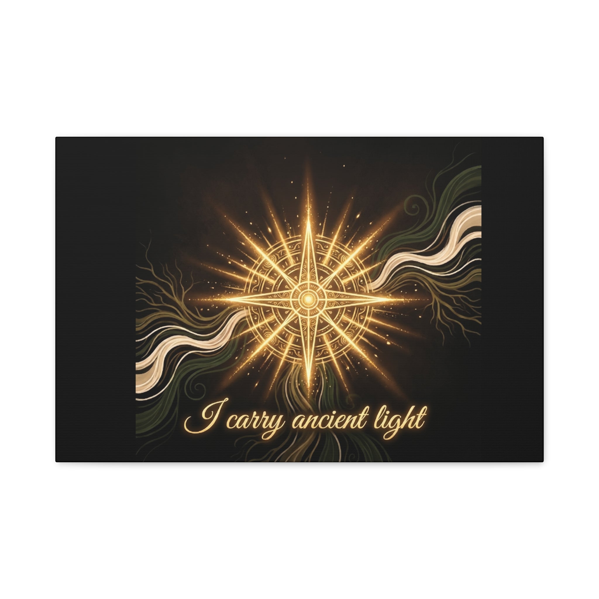 Matte canvas wall art titled "I Carry Ancient Light" featuring a golden compass design, by Printify.