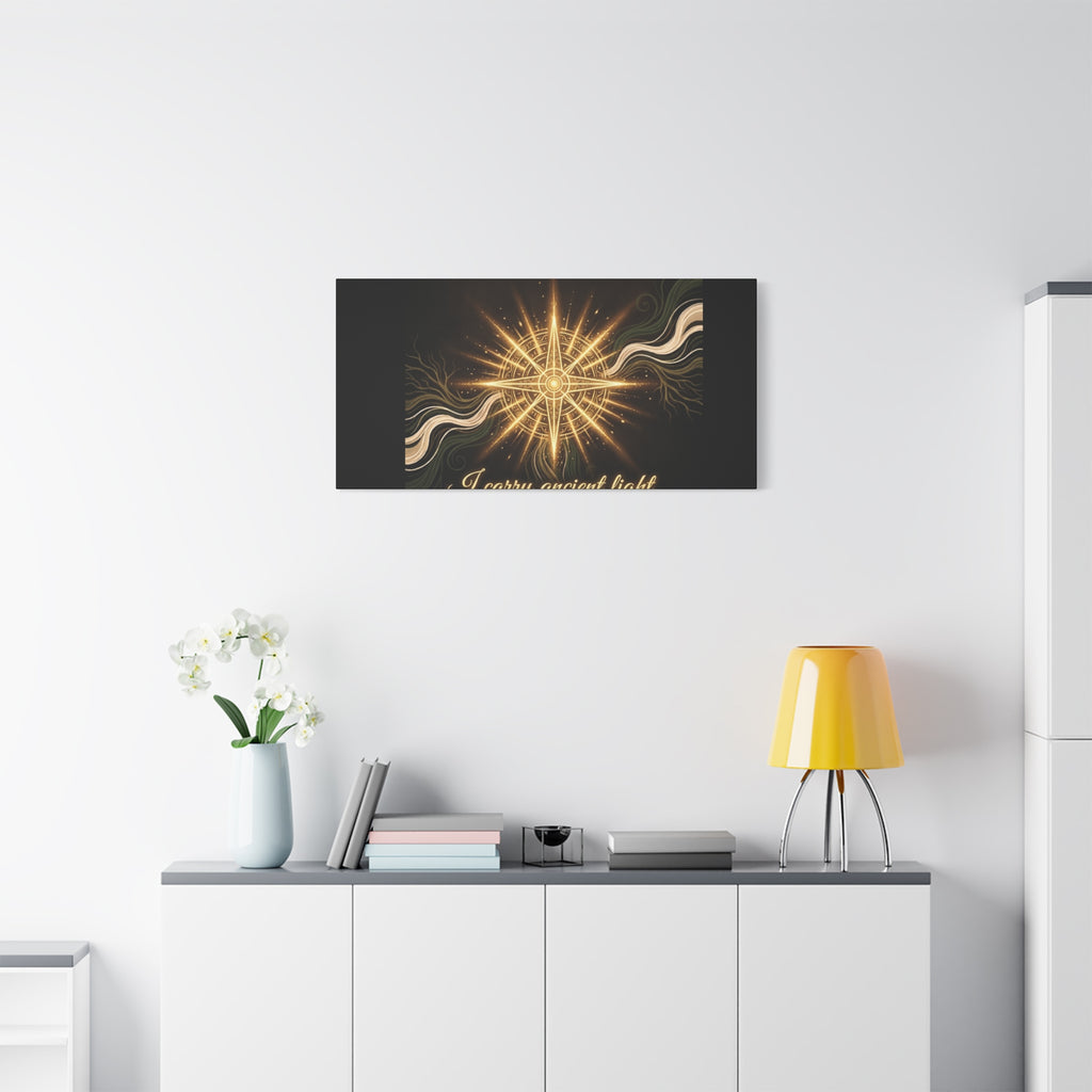 Matte canvas wall art titled "I Carry Ancient Light" featuring a golden compass design, ideal for home decor.