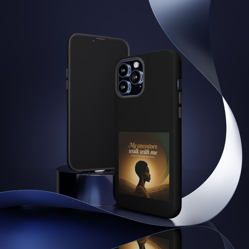 Black heritage-inspired phone case with inspirational design, protective cover for smartphones, featuring meaningful artwork.