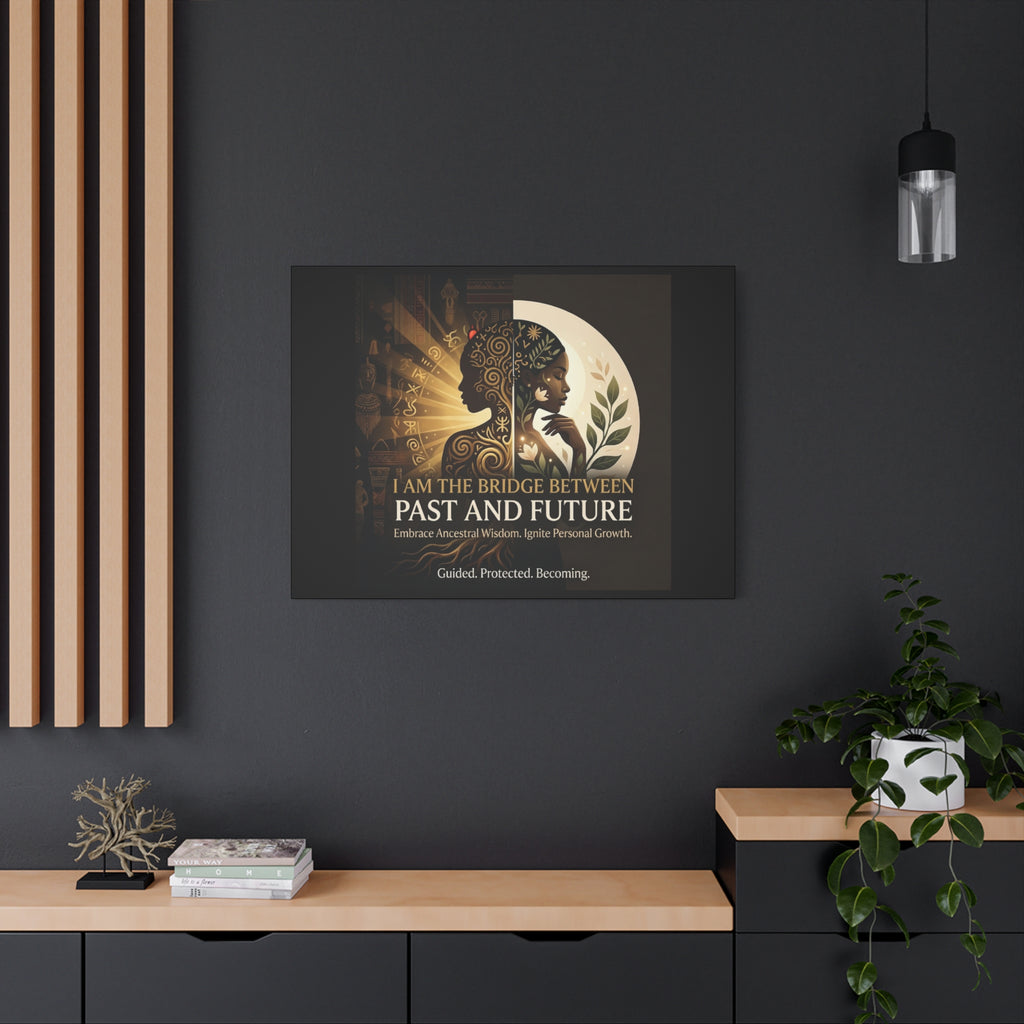 Canvas wall art titled "I Am the Bridge Between Past and Future" by Printify, featuring abstract imagery and vibrant colors.