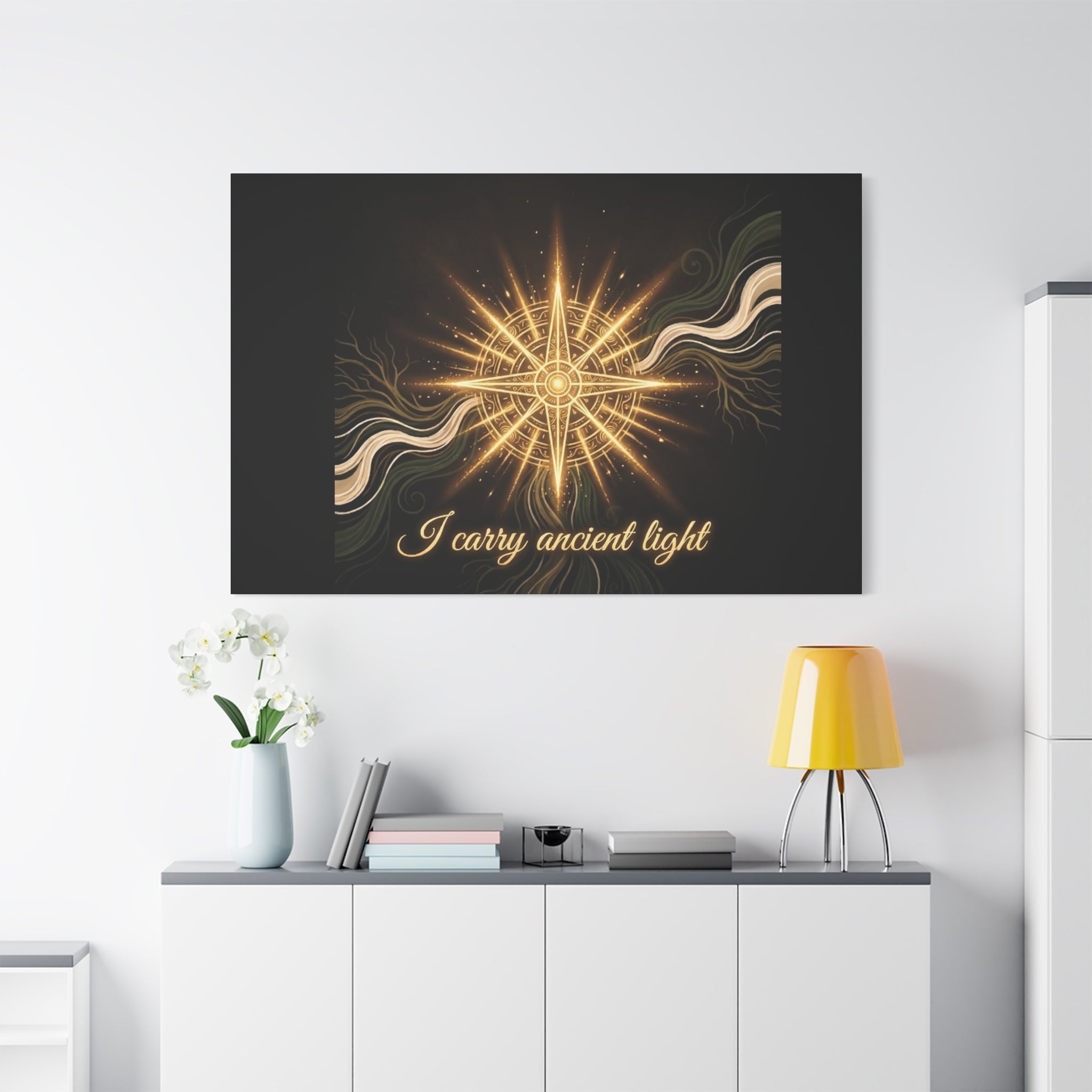Matte canvas wall art titled "I Carry Ancient Light" featuring a golden compass design, perfect for modern home decor.