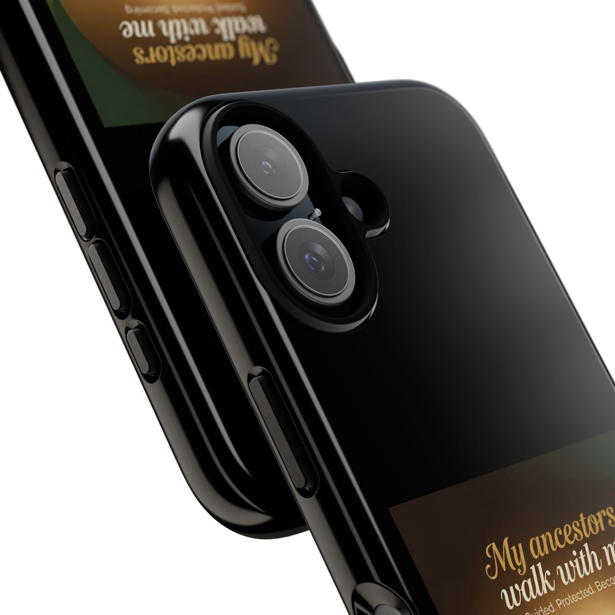 Black phone case with inspirational text "My Ancestors Walk With Me" for iPhone, featuring protective design by Printify.