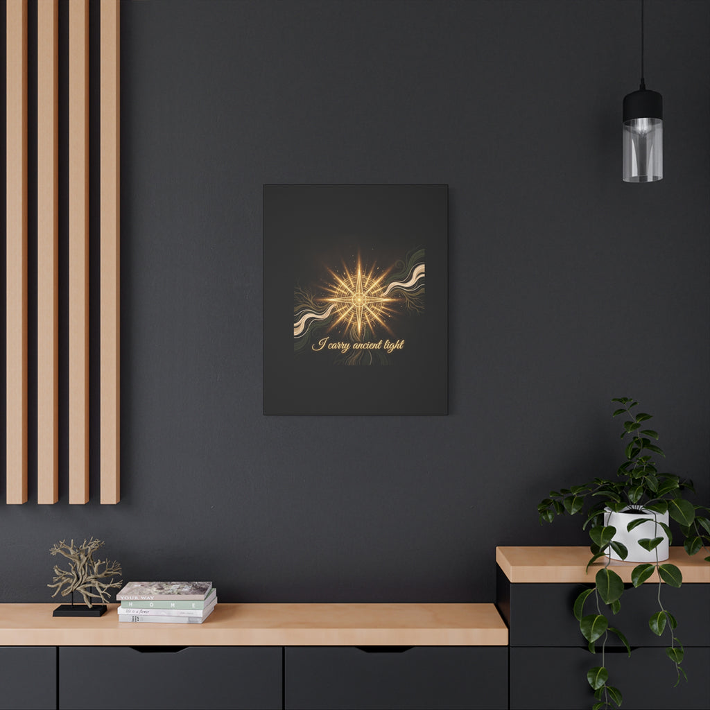 Matte canvas wall art titled "I Carry Ancient Light" featuring a golden compass design, ideal for modern home decor.