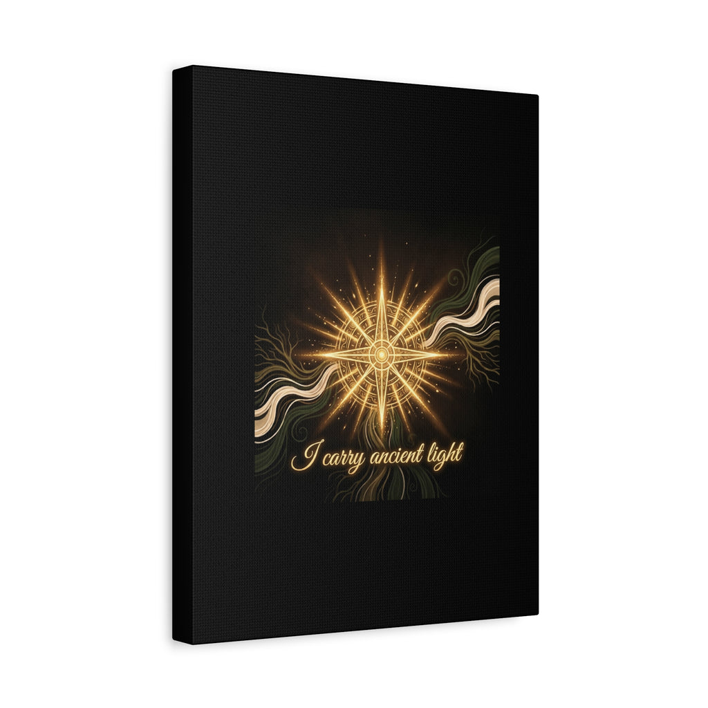 Matte canvas wall art titled "I Carry Ancient Light" featuring a golden compass design, suitable for modern home decor.