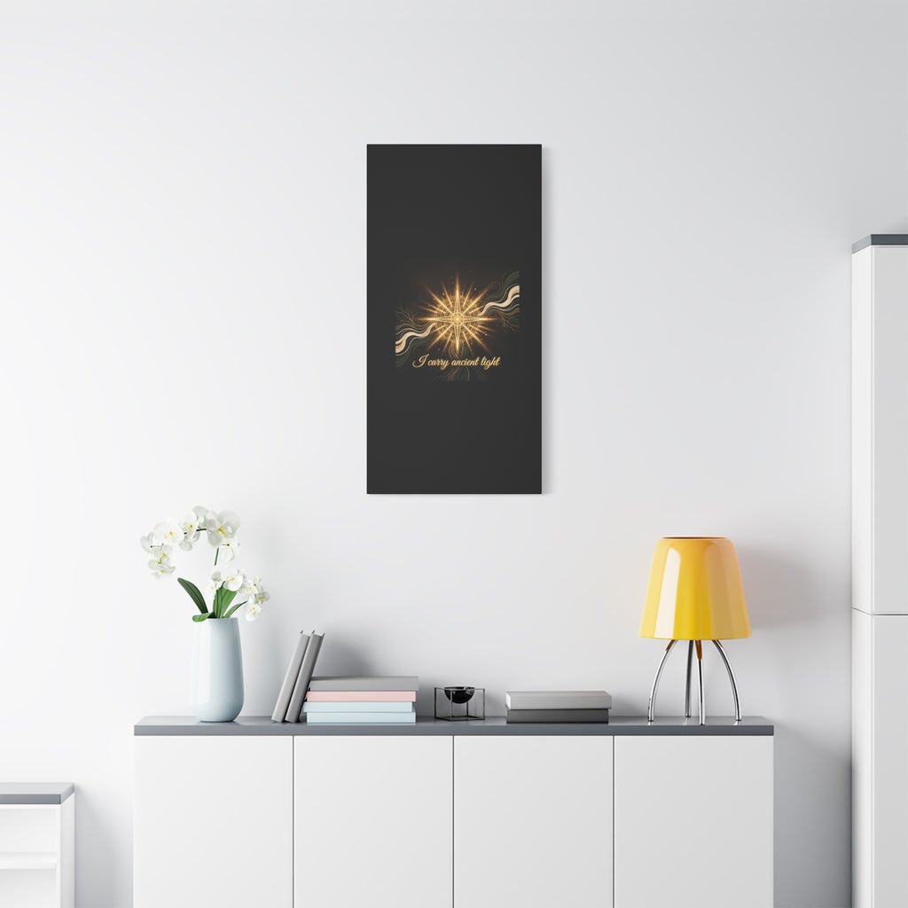 Matte canvas wall art titled "I Carry Ancient Light" featuring a golden compass design, by Printify.