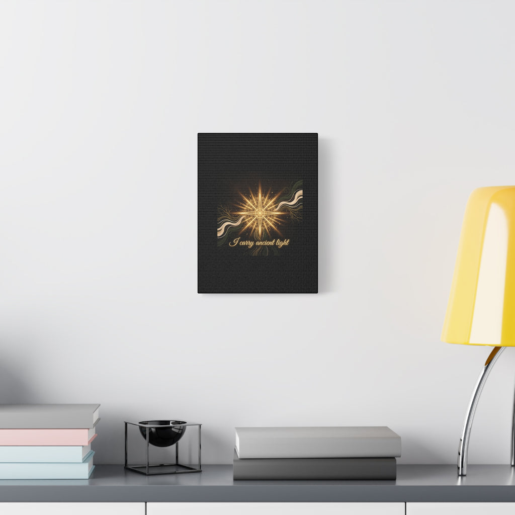 Matte canvas wall art titled "I Carry Ancient Light" featuring a golden compass design, ideal for wall decor.