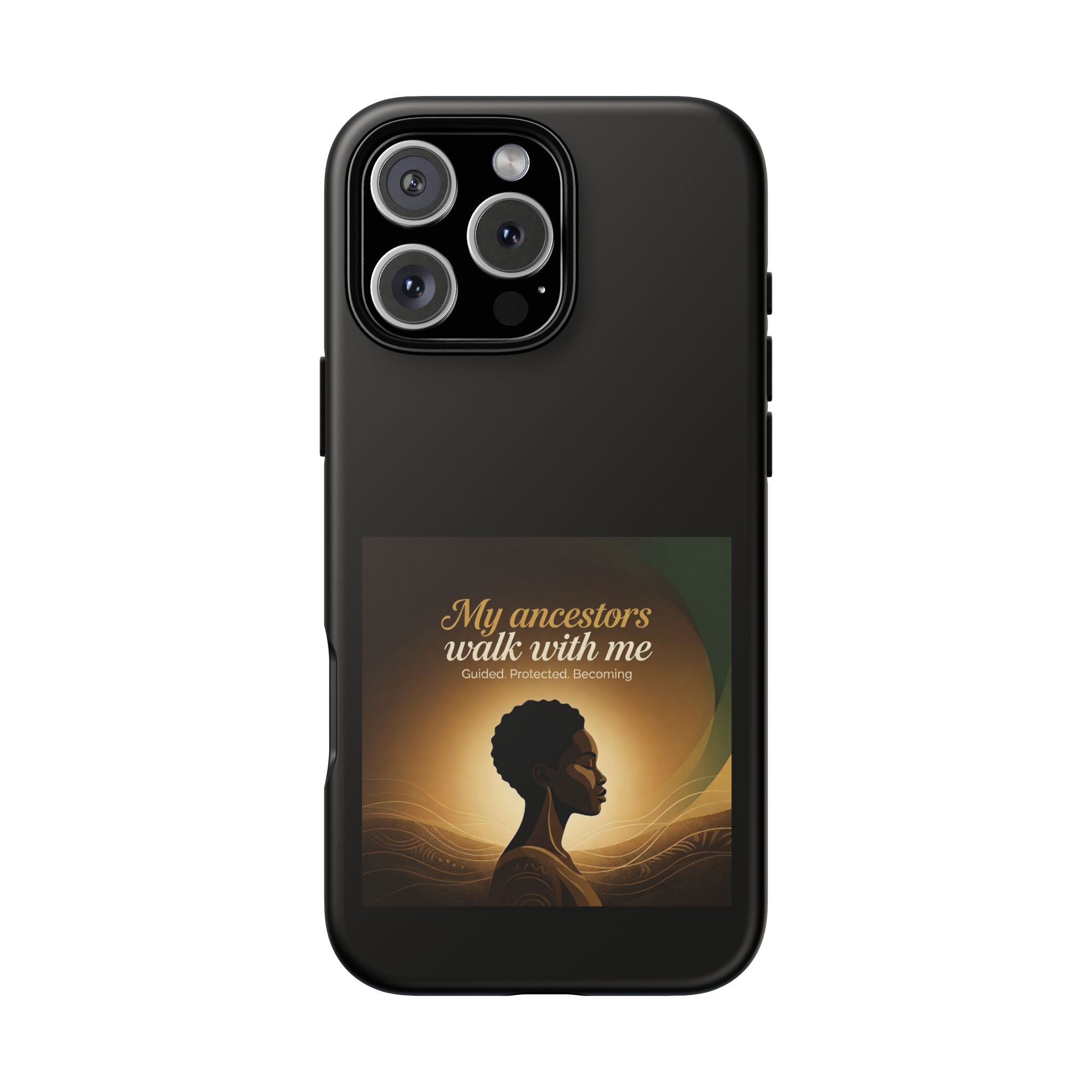 Black heritage phone case with inspiring quote design, protective cover for smartphone featuring cultural and ancestral motifs.