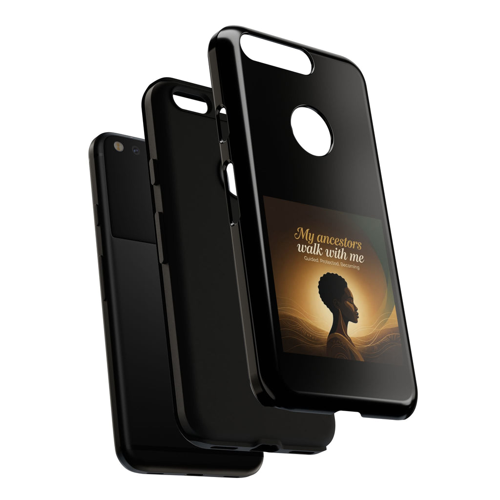 Black phone case with inspirational message honoring heritage, designed for iPhone, protective cover by Printify.