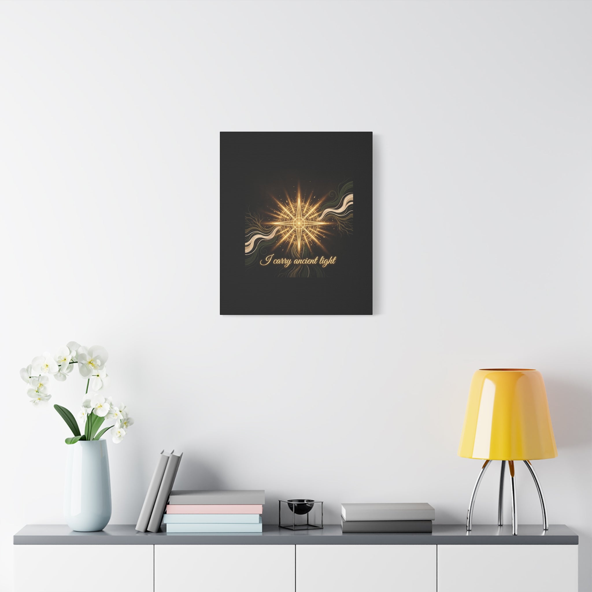 Matte canvas wall art titled "I Carry Ancient Light" featuring a golden compass design, ideal for wall decor.