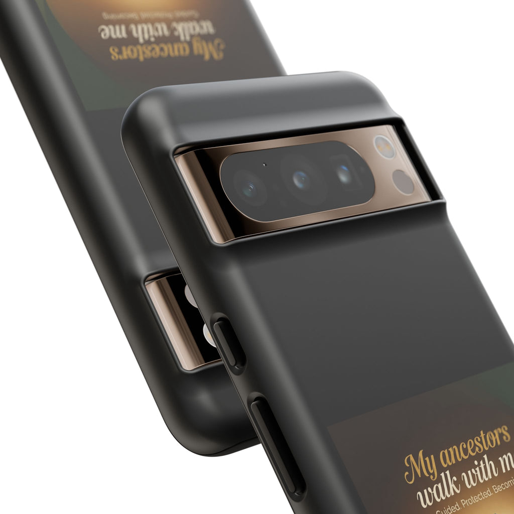 Black phone case with inspirational message honoring heritage, designed for iPhone, made by Printify.