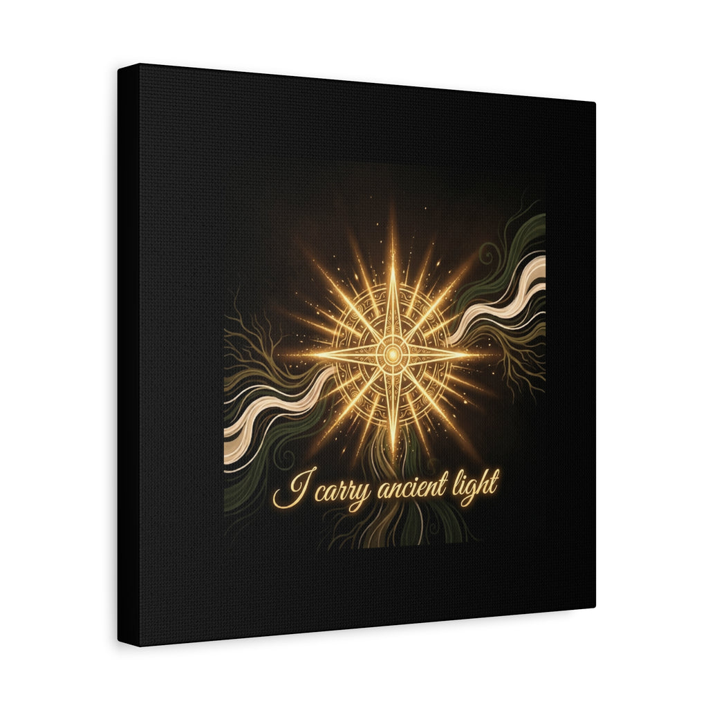 Matte canvas wall art featuring a golden compass and the phrase "I Carry Ancient Light" for inspirational home decor.
