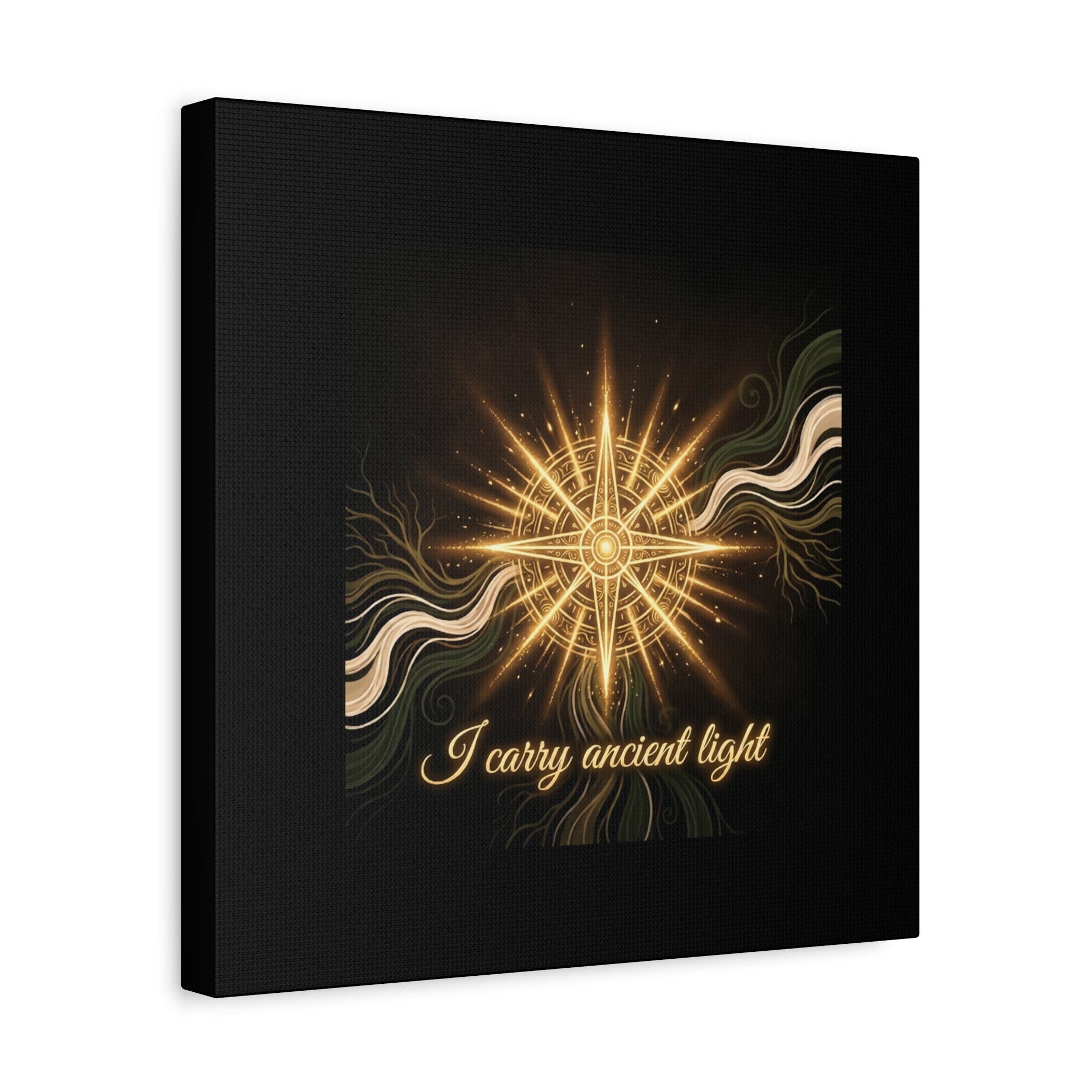 Matte canvas wall art featuring a golden compass and the phrase "I Carry Ancient Light" for inspirational home decor.