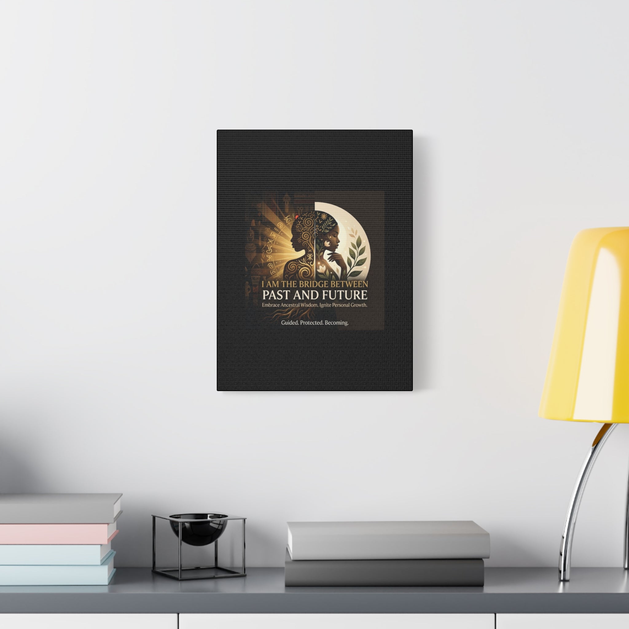 Canvas wall art titled "I Am the Bridge Between Past and Future" featuring a vibrant, abstract design by Printify.