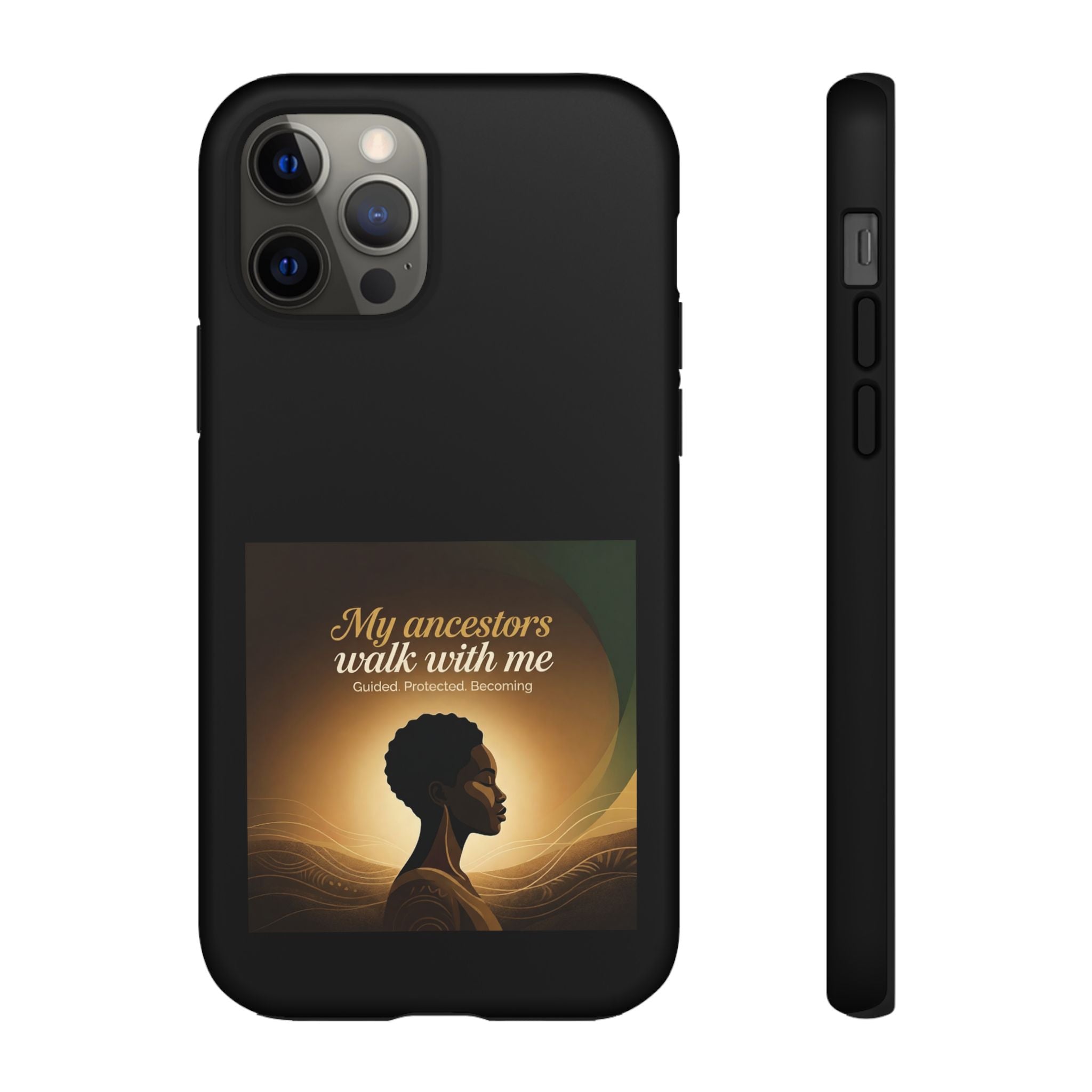 Black phone case with inspirational quote and heritage design, protective cover for smartphones by Printify.