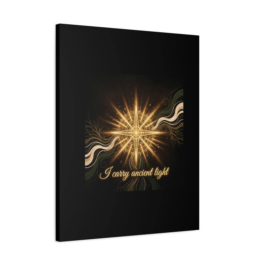 Matte canvas wall art featuring a golden compass design titled "I Carry Ancient Light" by Printify for elegant home decor.